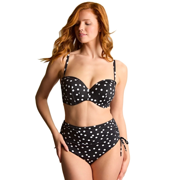 Majtki kąpielowe z wysokim stanem regulowana wysokość Panache Polka Dot figi midi z wiązaniem czarne w kropki