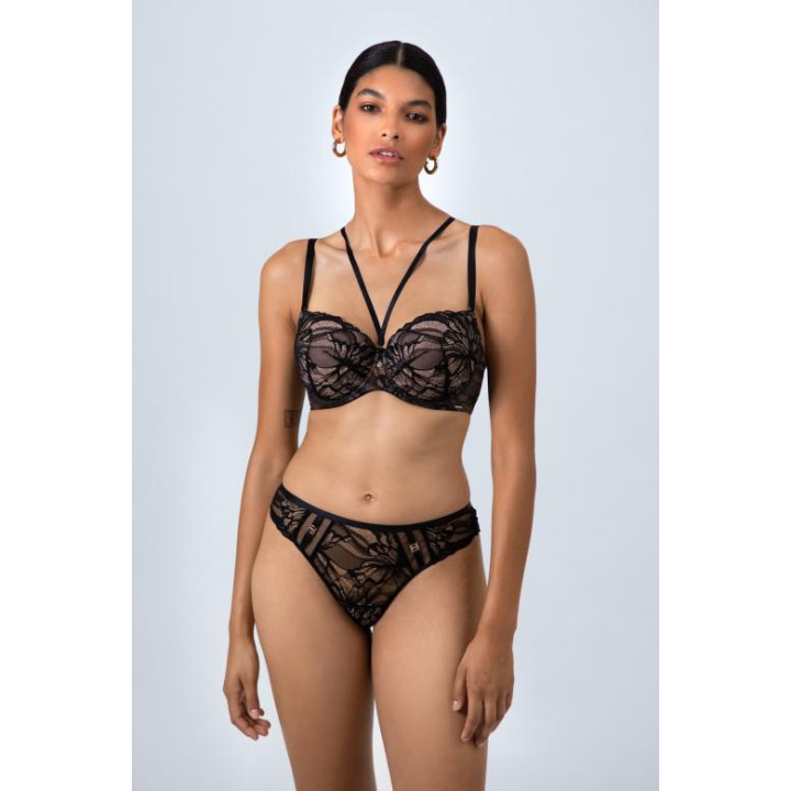Biustonosz z wkładkami modelującymi i ozdobnymi paskami Alles The Icon push-up plunge czarny straps